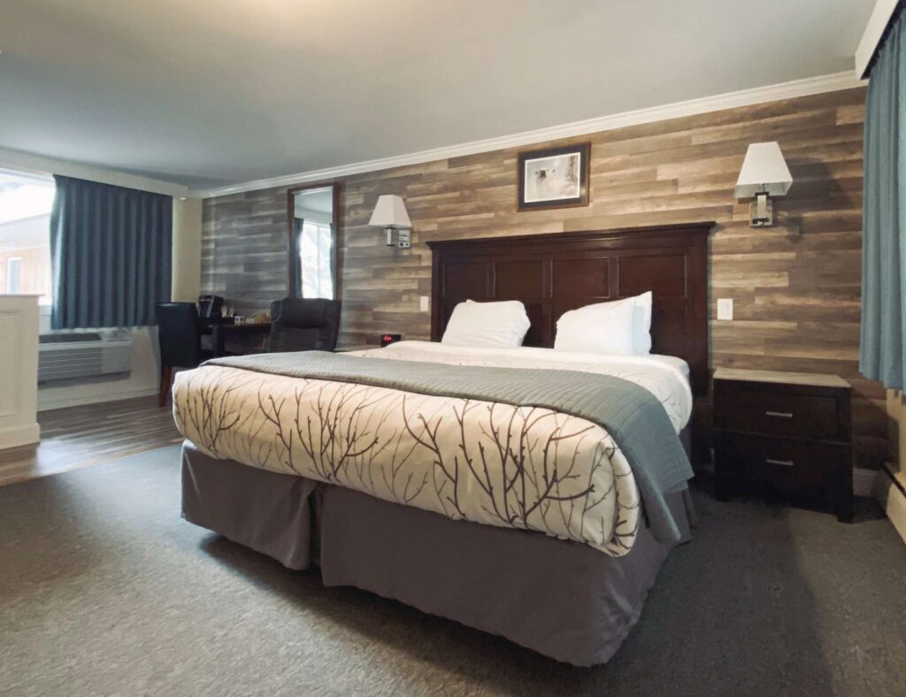 Standard King Bed in a hotel room with wood paneled accent wall